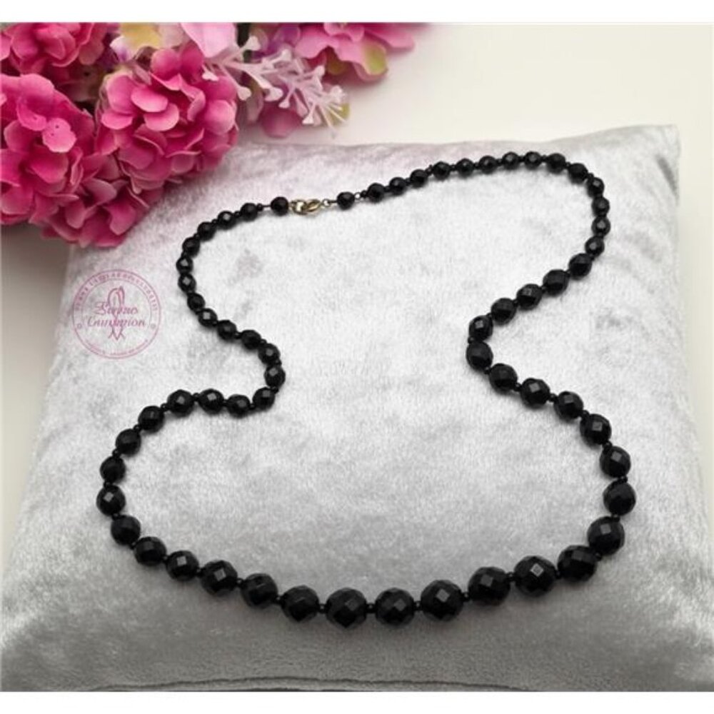 Vintage Black Faceted Glass Necklace, Graduated Beads, 24 In Brass Clasp